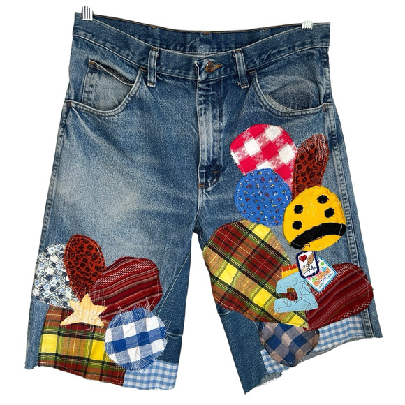 Reworked OOAK Jorts Denim Patchwork‎ Shorts Y2k Streetwear Maximalist Mens 34X13 - Picture 1 of 13